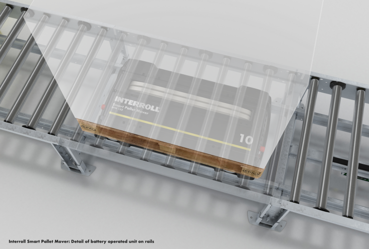 Interroll Smart Palett Mover (SPM): Detail of battery operated unit on rails