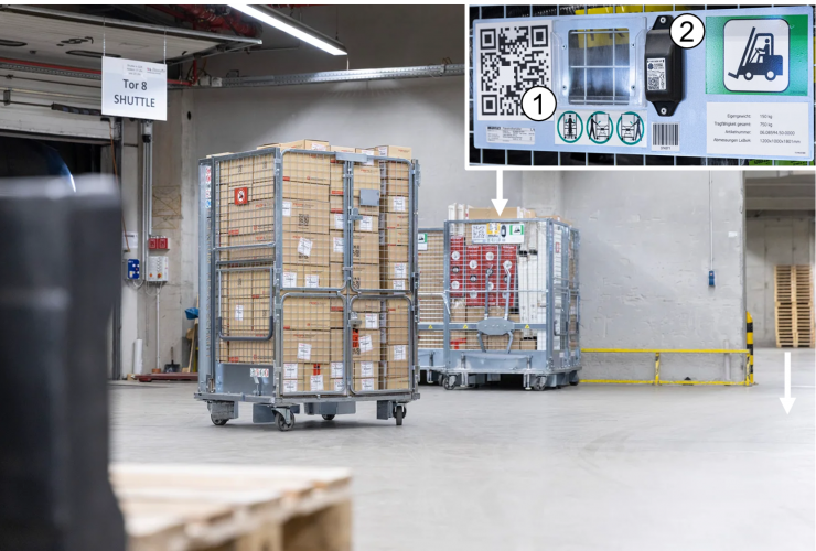 BOX ID ProcessGuard: All roll containers are equipped with QR codes (1) and active tracking devices (2).
