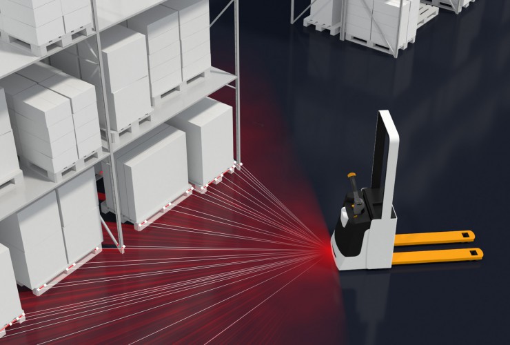 Stapler mit Laserlokalisierung basierend auf Sicherheitslaserscanner.